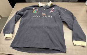 VTG Rare Polo Gear Bvlgari Black Long Sleeve Polo Sweatshirt With Patches Sz L